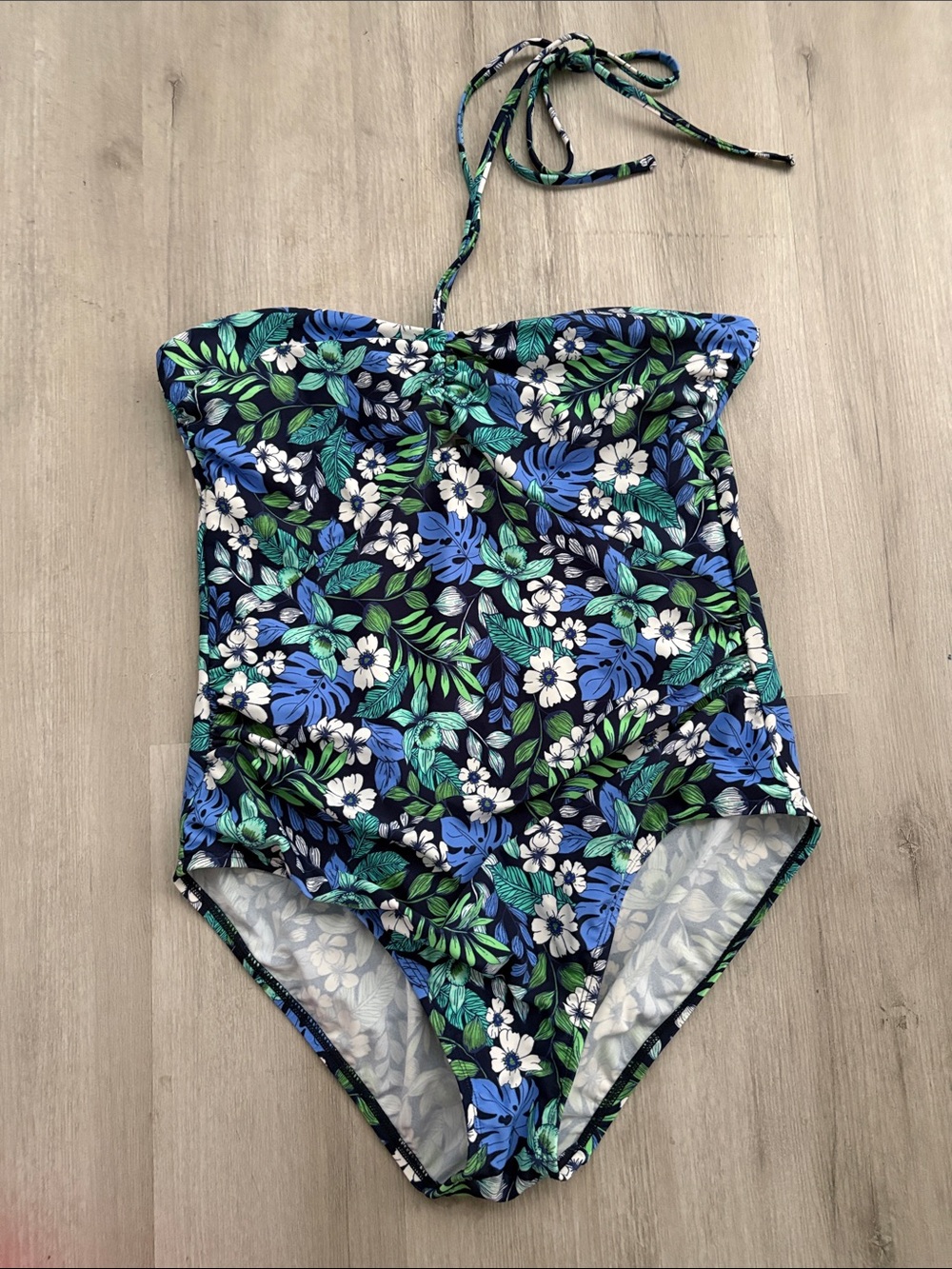 LOFT Navy Blue Floral One-Piece Swimsuit with Green and White Print